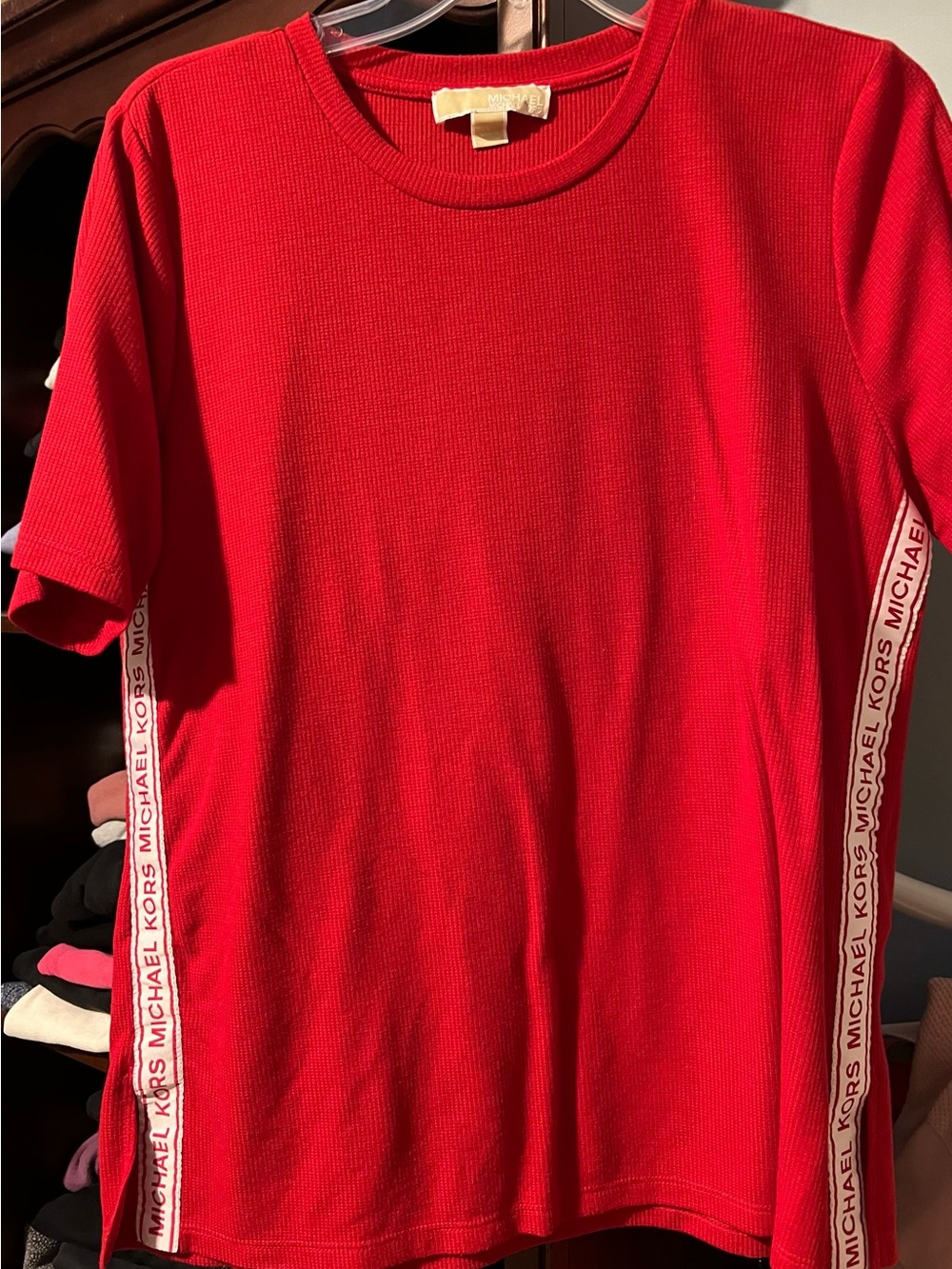 Michael Kors Red Crew Neck Tee with Logo Side Tape